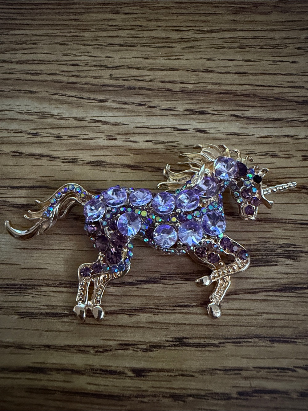 Lavender Crystal Unicorn Brooch in Gold-Tone Metal